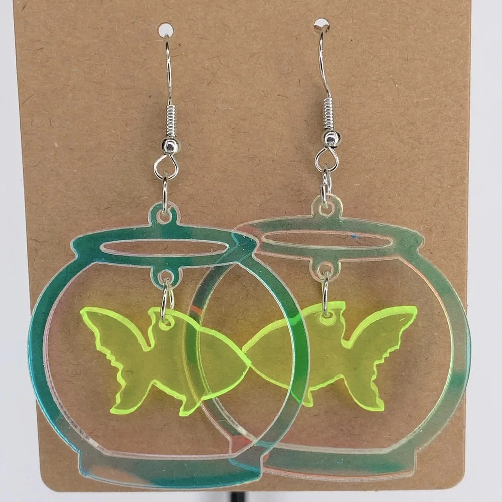 Clear Neon Fish Bowl Acrylic Dangle Earrings - Picture 2 of 2